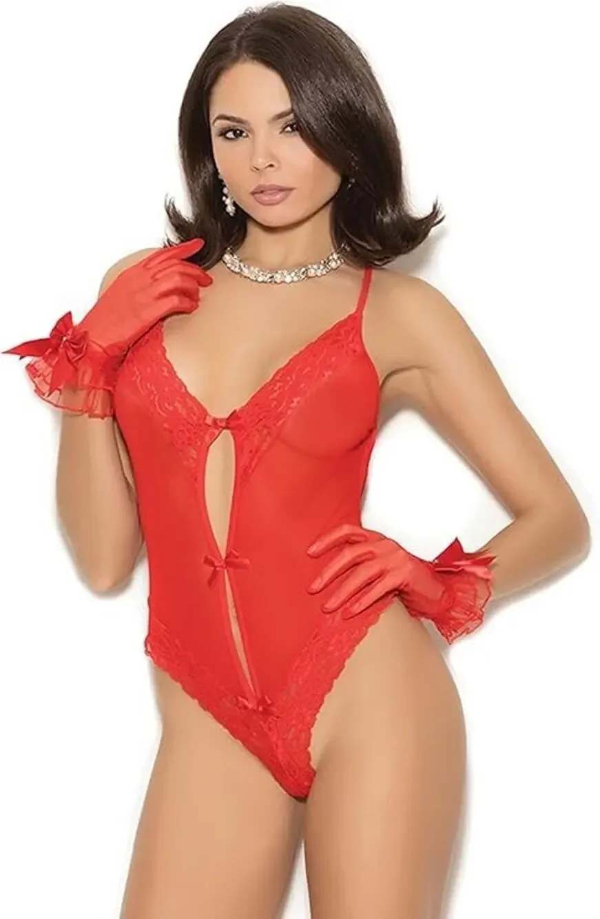 Mesh and lace teddy embellished with bows and a thong back. Matching mesh gloves